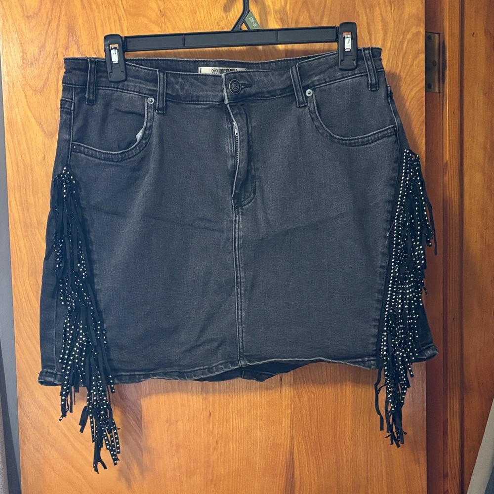 Rock & Roll Denim Skirt with Fringe Detail